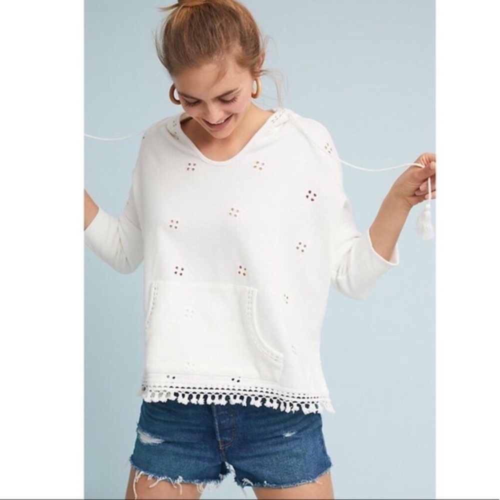 Anthropologie Lilka White Eyelet Tassel Hoodie XS